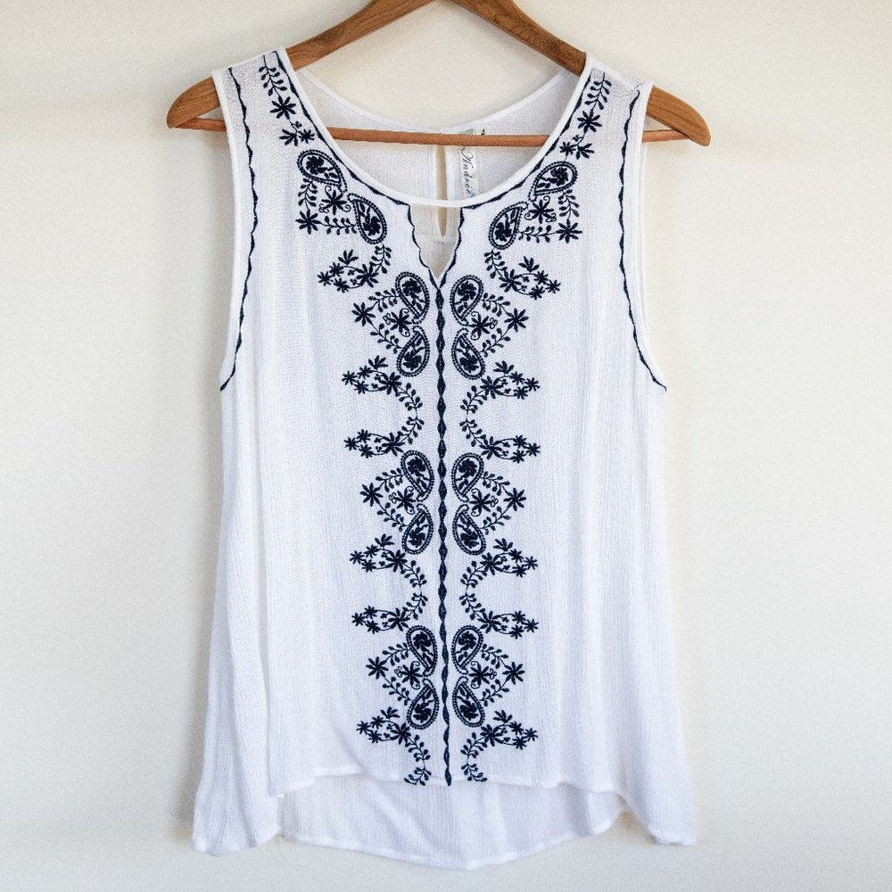 Andree Blue Embroidered Sleeveless Boho Tank Top - Picture 1 of 8
